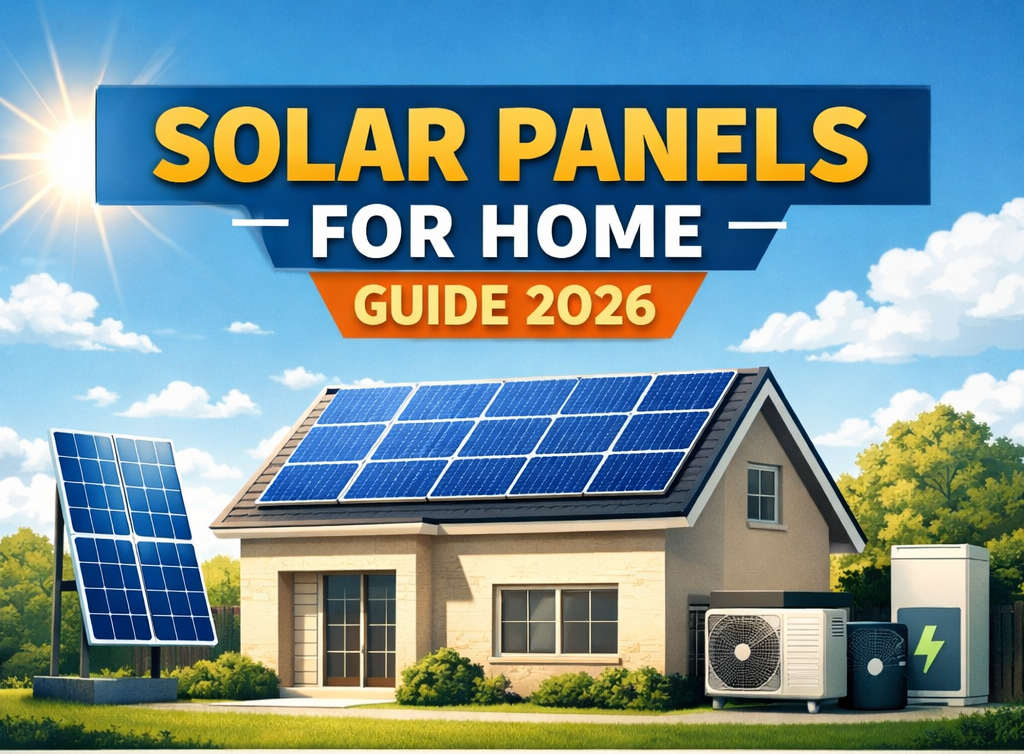 solar panels for home guide 2026 with cost, installation, AC usage and how solar power works infographic.