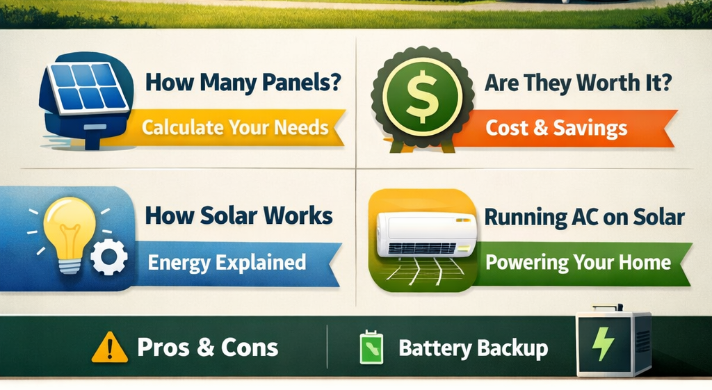 solar panels for home guide 2026 with cost, installation, AC usage and how solar power works infographic.
